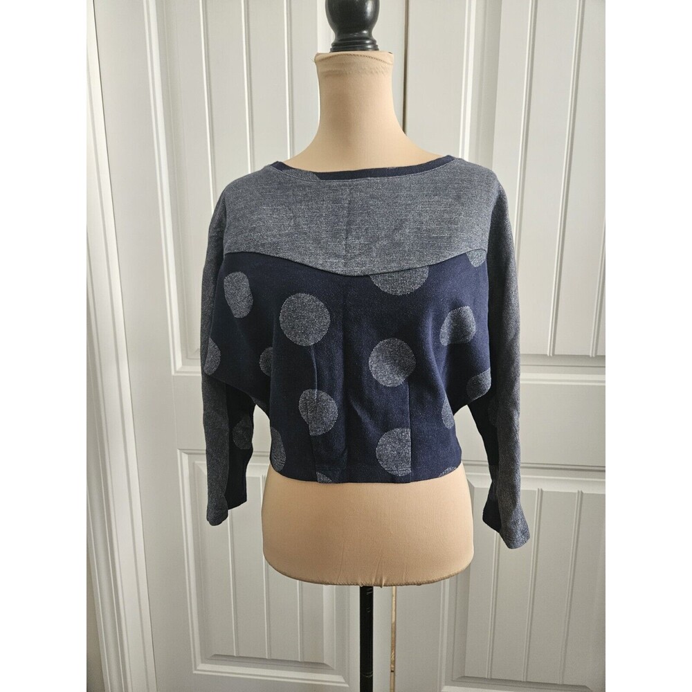 Anthropologie Postmark Blue Metallic Silver Polka Dot Cropped Dolman Sleeve Sz S